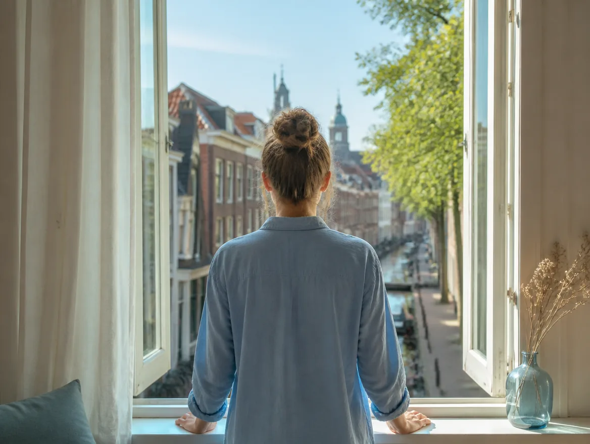 Iemand kijkt opgelucht naar buiten door een open raam